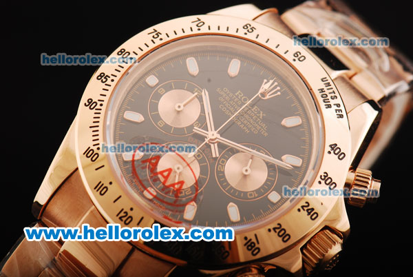 Rolex Daytona Chronograph Miyota Quartz Movement Full Rose Gold and Black Dial - RG Markers - Click Image to Close